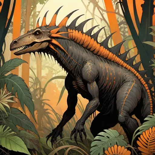 Prompt: bug bear that has a super long neck and super long dinosaur-like tail and brown scales with orange neck scales and covered in long wicked black spikes, background jungle
