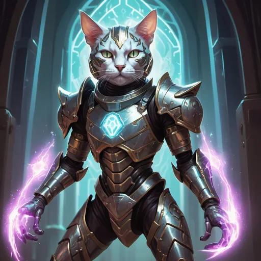 Prompt: A barrier surrounds a strange and bizarly mutated cat-humanoid clad in psychic armor and glowing with unreleased power, in card art style