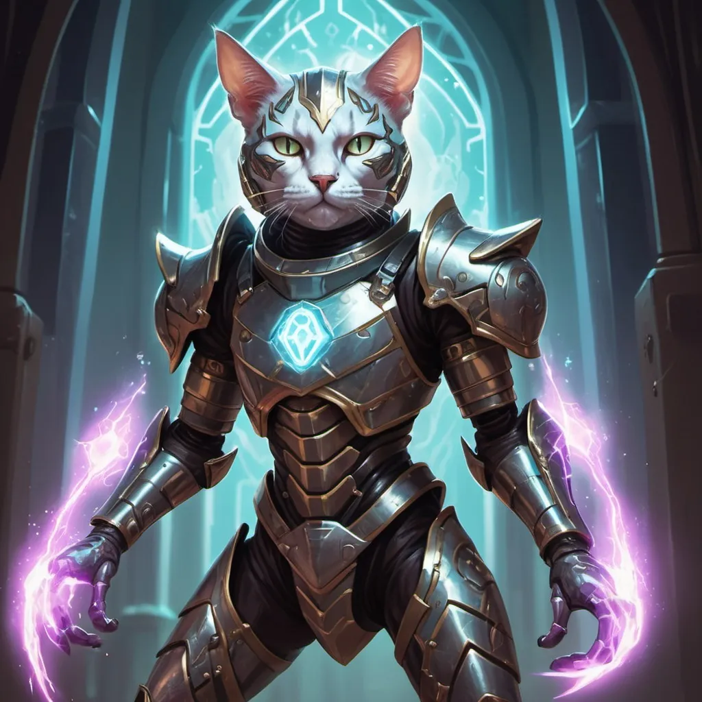 Prompt: A barrier surrounds a strange and bizarly mutated cat-humanoid clad in psychic armor and glowing with unreleased power, in card art style