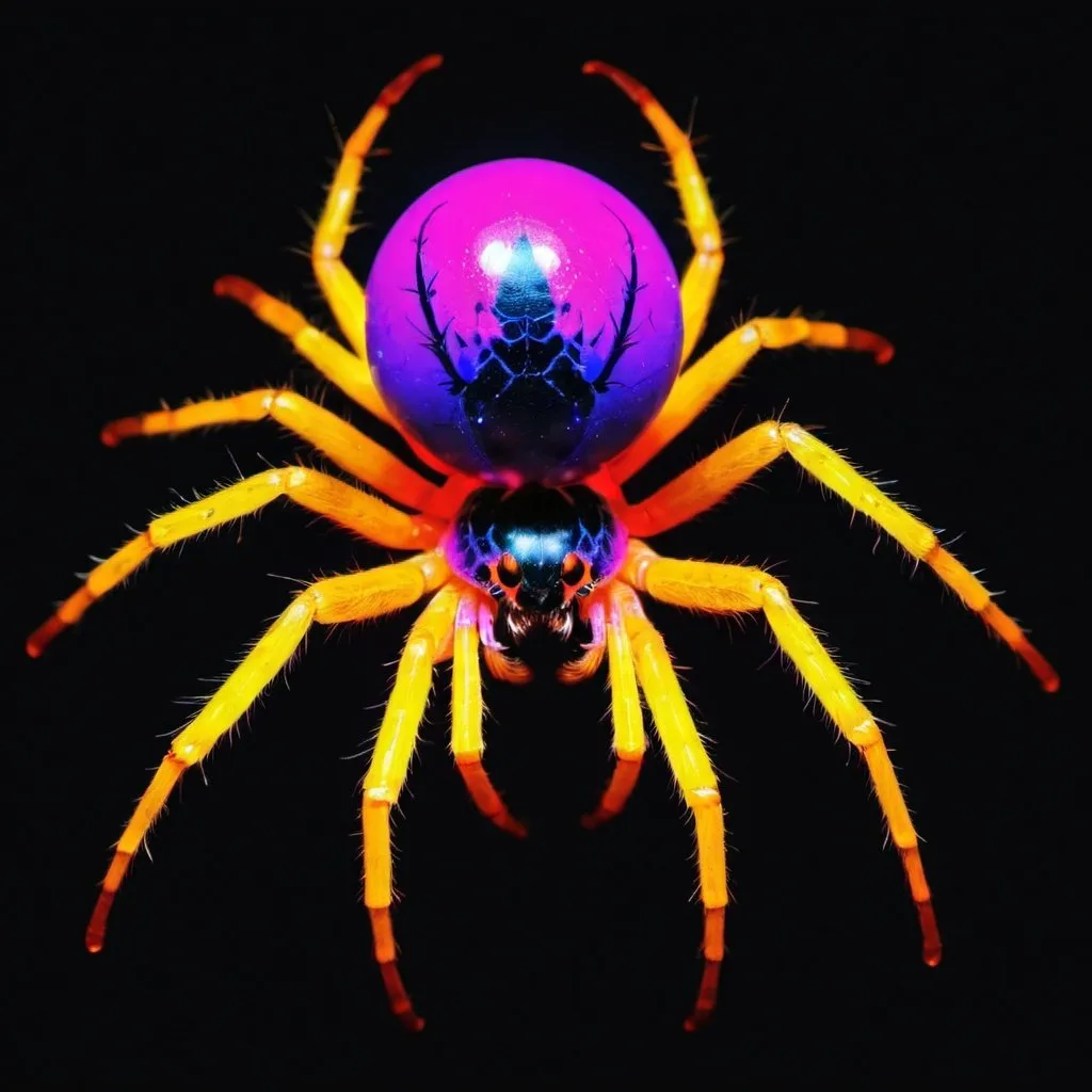 Prompt: red purple and yellow orb spider in blacklight paint art style
