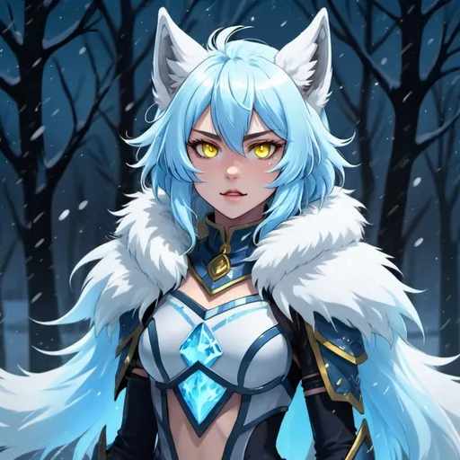 Prompt: Stray Fang Anime Girl with dark ice blue fur and ice blue fur with a bushy tail yellow glowing eyes wolf ears and fangs, wearing ice armor, background ice storm, in magna art style