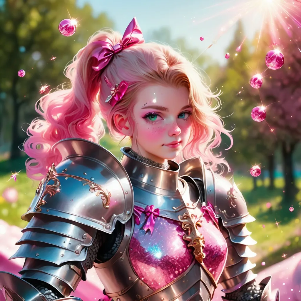 Prompt: Knight with a Custom Bow full of sparkles and glitter and armor that is pink and sparkles in the light, background sunny day, best quality, masterpiece