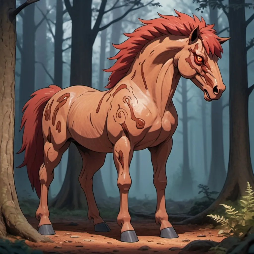 Prompt: Bipedal creature resembling a horse with brown bark-like skin and fur with red-brown mane and tail and a extra eye on forehead in a forest at dusk in pokemon art style