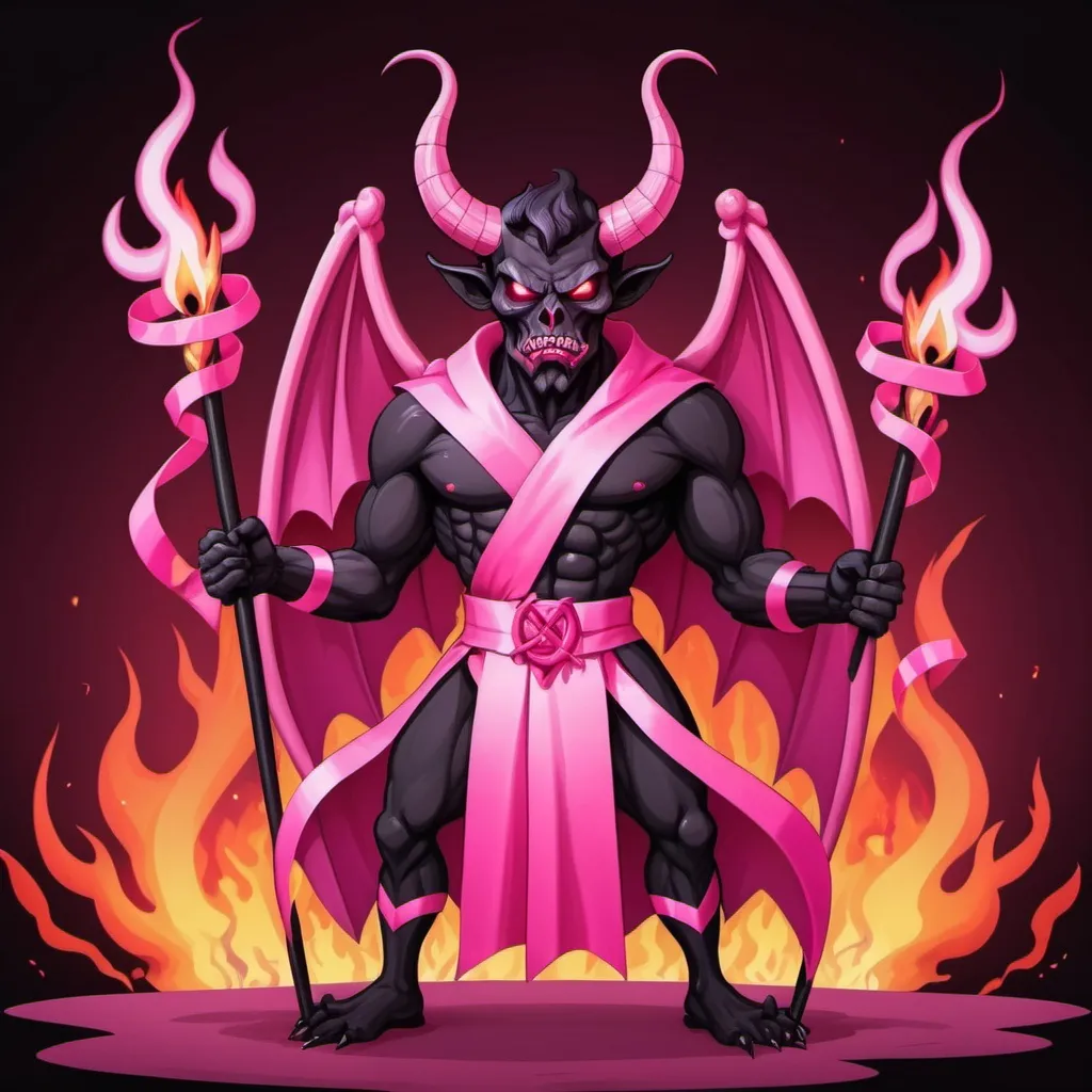 Prompt: Satan dressed in pink ribbons, in cartoon art style, background pink fire