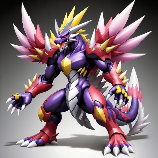 Prompt: Arresterdramon: Superior Mode with purple red-pink silver and yellow palette in Ken Sugimori art styl