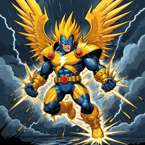 Prompt: Thunderbird in the stormy sky all golden yellow and spikes thunder booms around them and thunderbolts rain down, in card art style
