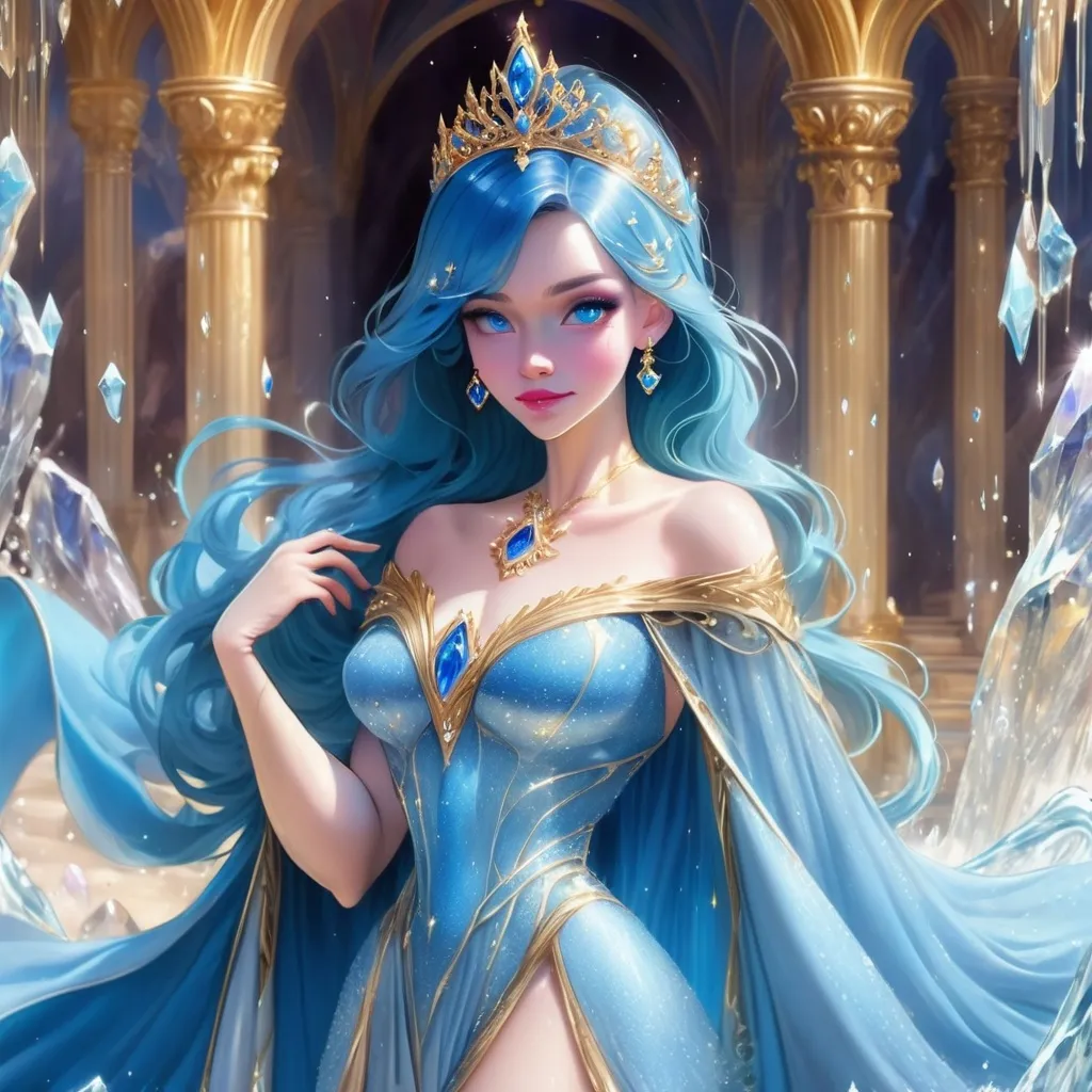 Prompt: Disney Princess who is a Crystalian Noble with medium blue hair and a crystal tiara and dressed in a fantasy style light-blue dress with gold trim and sapphire gems and a long flowing water-blue cape, background crystal cave surrounded by gold and blue crystals, Masterpiece, Best Quality, in Disney style
