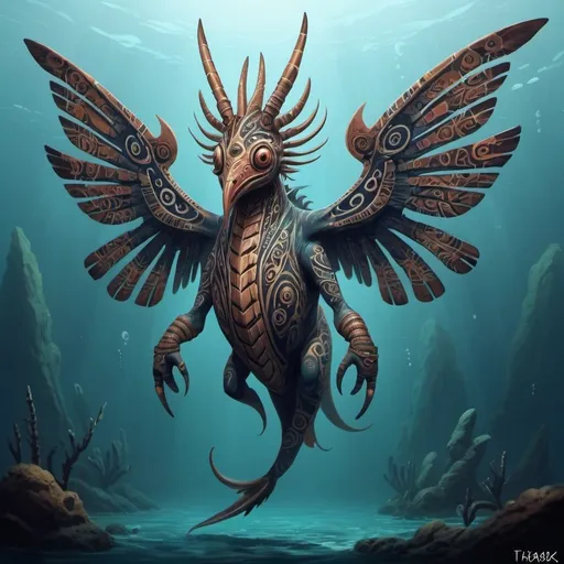 Prompt: It is said that this creature lives somewhere in the sea and that it flies. However, it is only a rumor in tribal creature art style
 