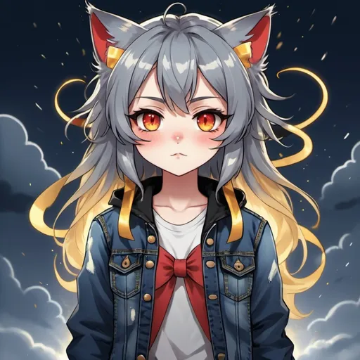 Prompt: Coeurl Anime Girl with dark blue-gray fur and hair with black spots and glowing red eyes and cat ears with long golden ribbon-like whiskers and wearing denim jacket and jeans faint electric sparks around them, background thunderstorm 
, in 2d chibi art style