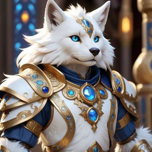 Prompt: A Furry dressed in Astral Scholar Outfit which shimmering white and bronze mage-like armor with intricate gold designs and blue gemstones, masterpiece, best quality