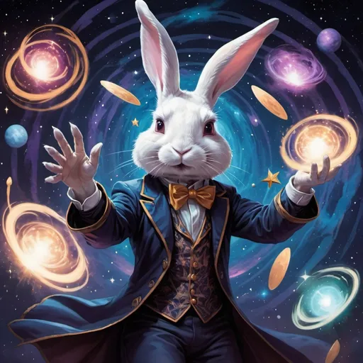 Prompt: magician spinning rabbits out of stars , background cosmic, in magic the gathering art style