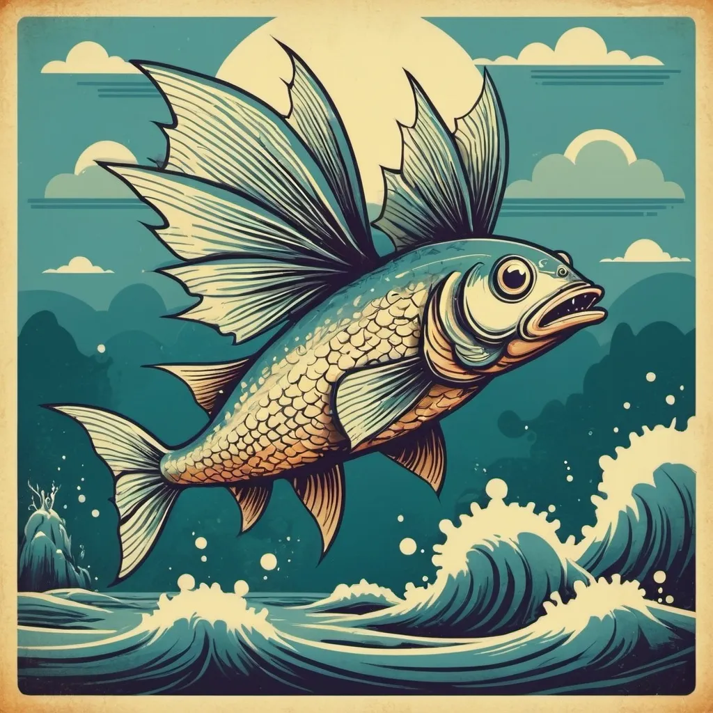 Prompt: Aquatic fish-like monster with flying fish-like wings in retro art style
