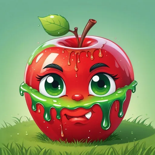 Prompt: fluffy cute ball of apple red and green intermixed and dripping with applejuice on grass in classic cartoon art style