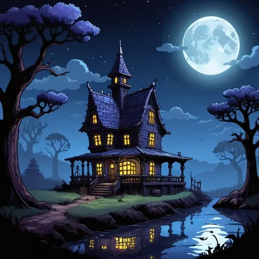 Prompt: moonlight night and a creepy place in graal glass art style
