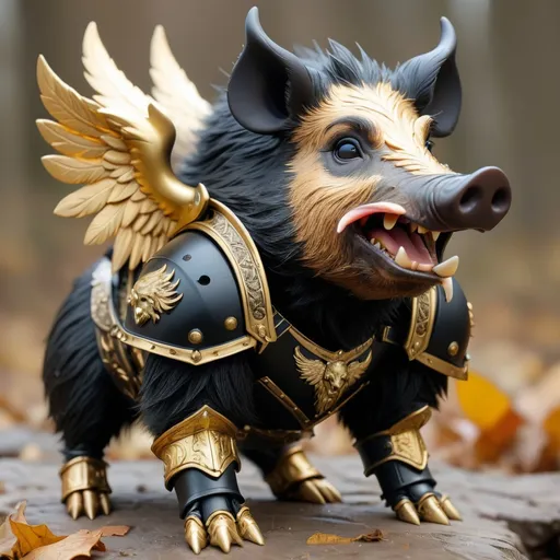 Prompt: Wild Boar with jet black fur and black and gold armor, fallen angel, Masterpiece, Best Quality