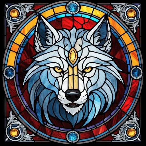 Prompt: Mythic Beast Fenrir in stained glass art style
