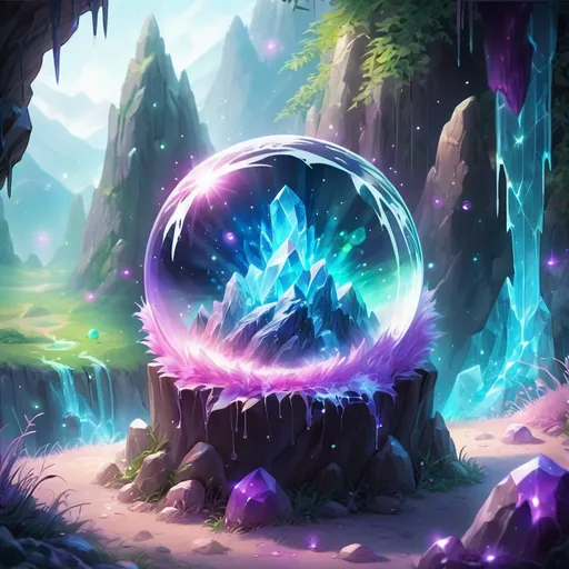 Prompt: Fluffy cute crystal ball glowing with magical energys and oozing with fluffs, background crystal cave,