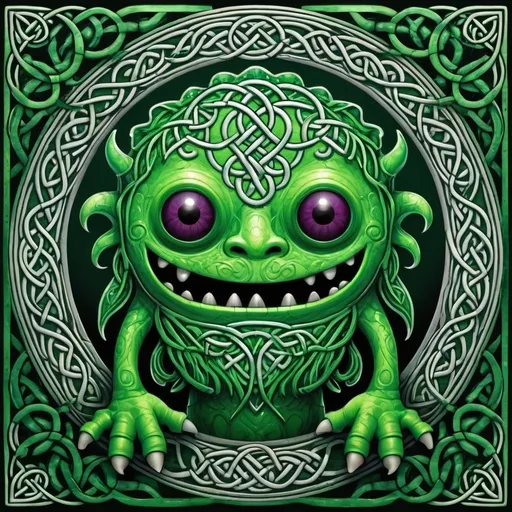 Prompt: bright green monster with vines in Celtic art style
