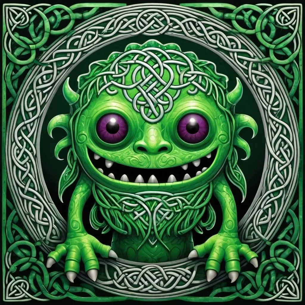 Prompt: bright green monster with vines in Celtic art style
