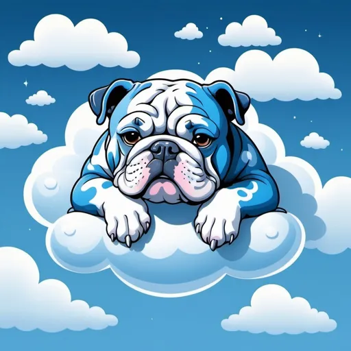 Prompt: vivid blue Bulldog with white cloud-like pattern sleeping on a cloud in the sky in icy cartoon art style