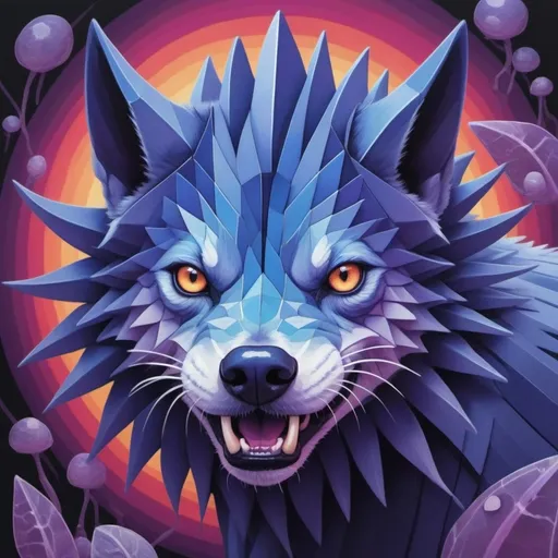 Prompt: Storm Barghest geometric and periwinkle-colored gills in vibrant art style