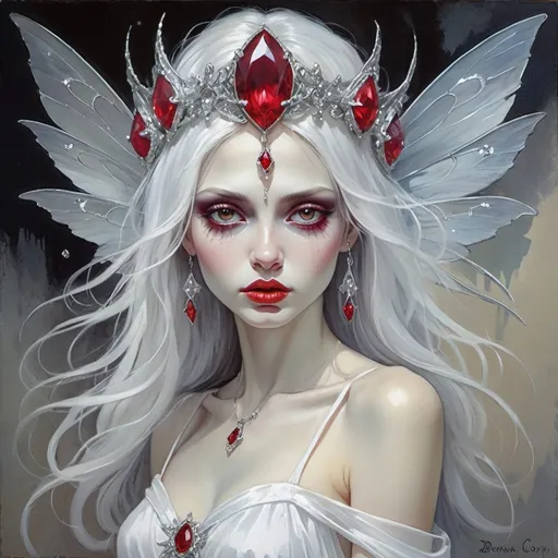 Prompt: rock fairy with silver-gray skin and red gem eyes wearing a flowing white dress and a crystal head dress in Dorina Costras art style
