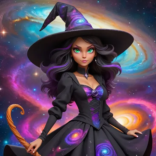 Prompt: Witch, Deep Space Sparkle, witch hat with galaxy swirls, witch outfit, wand with saturn on top, best quality, masterpiece, background vivid stars nebula space