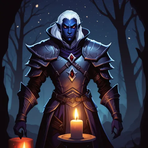 Prompt: A Drow in Battlemage Scout Captain armor standing in candle light in the darkest of nights, in cartoon art style