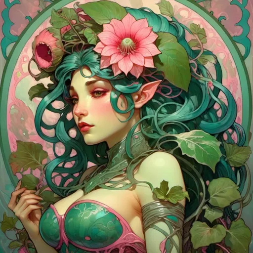Prompt: A blue-green skinned Alraune monster girl with a huge pink rafflesia flower topped with a darker pink flower with jagged leaves on her head and back and vines snaking out and dressed in leaf armor
