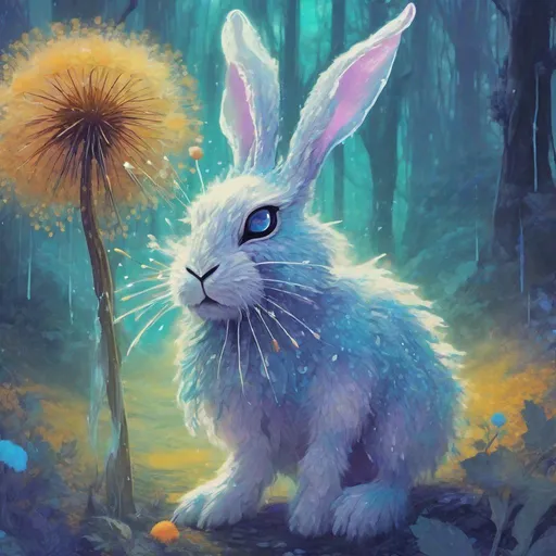 Prompt: Bipedal creature resembling a rabbit with fur in shades of blue blue-green and blue-violet with a fur-mask of cream around the eyes and a yellow-orange flower petal on head that drifts down and rains glowing white-pink pollen down background fantasy forest with giant dandelion seeds in illustration art style
