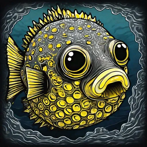 Prompt: Puffer Fish, ebony black with a glowing yellow outline, swimming in the depths of the ocean, eerie, masterpiece, best quality, in nightmare fuel art style