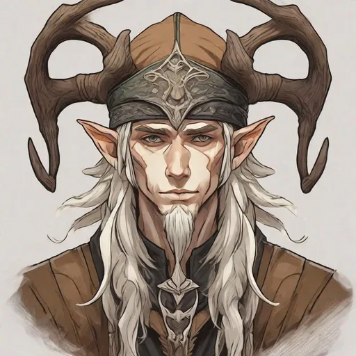 Prompt: Wood Elf wearing 12-Point Antler Skullcap, In Anime Portrait  art style, colors are brown bone-white and black, best quality, masterpiece