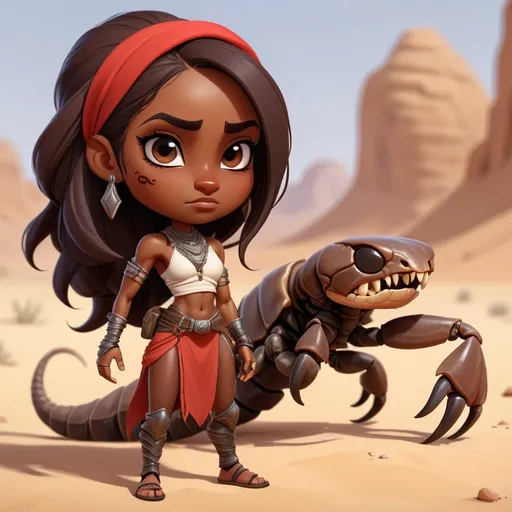 Prompt: Abrar is a Redguard female with dark skin who lives in the desert standing next to a giant scorpion, in chibi art style
