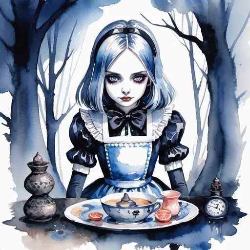 Prompt: Dark Alice in watercolor painting zen illustration  art style