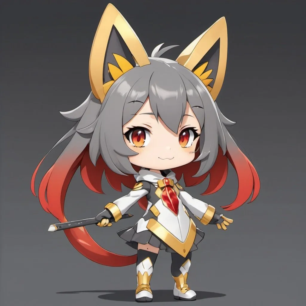 Prompt: Prestidigitator with medium-gray Charcoal gold and red palette in kemono friends art style