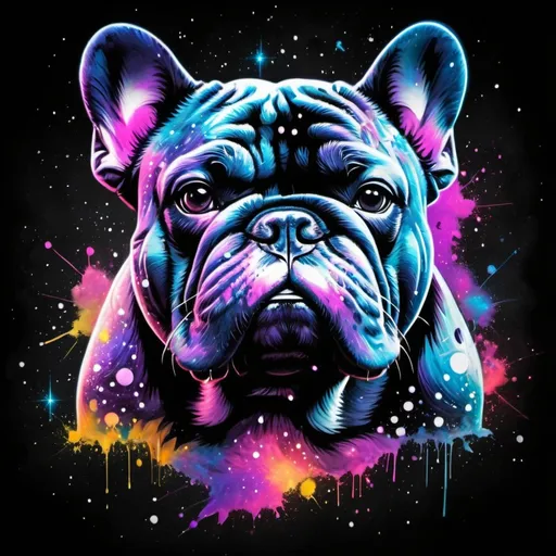 Prompt: Cosmic Bulldog with ebony black fur that is etched with glowing Constellation patterns living in a vivid nebula in paint splattering art style