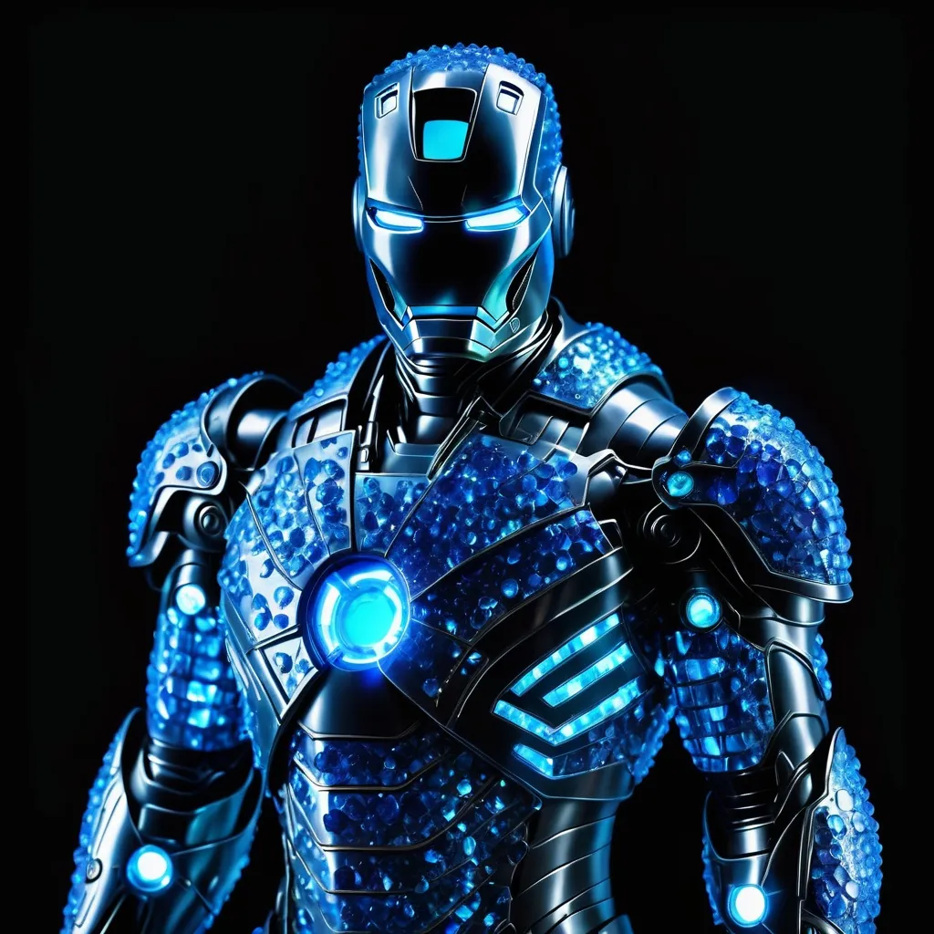 Prompt: Blue Crystal Iron Man suit made of vivid glowing crystals of blue and neon blue
