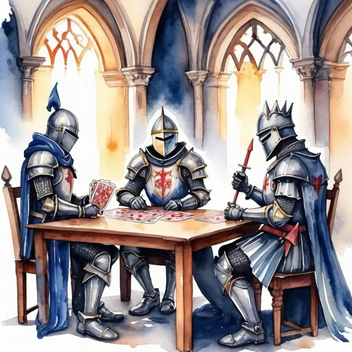 Prompt: Council of Card Knights in watercolor painting inkpunk art style