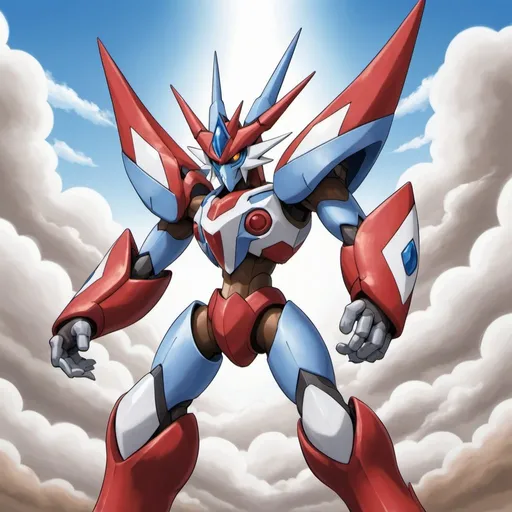 Prompt: Allomon (X-Antibody) with blue sky-blue red white brown and gray palette in Ken Sugimori art style