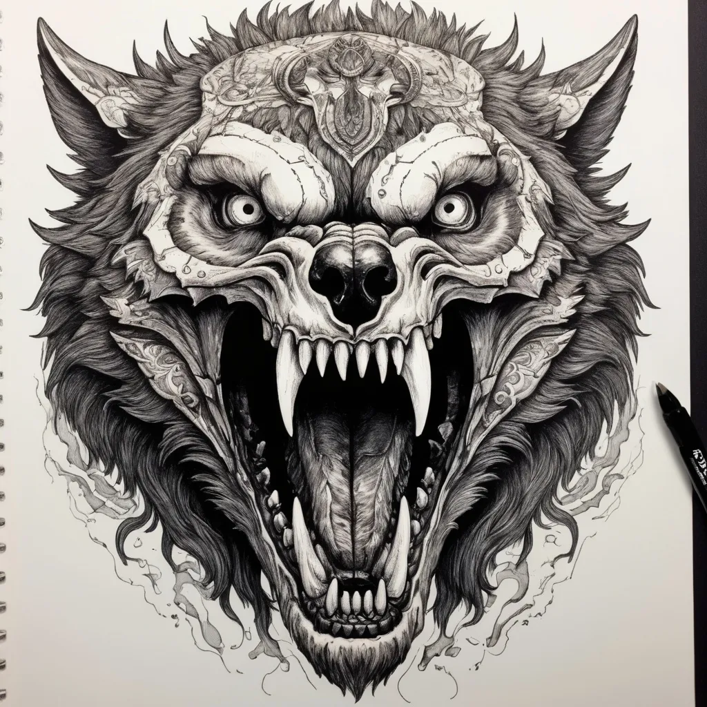 Prompt: The Manbeast clad in wolf skull totem with a growl that can cause landslides his roar is terrifying to behold, in Gel Pen art style