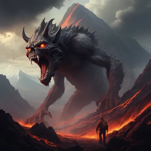 Prompt: Deadly monsters roam the landscape The climate varies between deadly volcanic eruptions and bitter howling windstorms that scour  And the terrain itself forms a torment of razor-sharp rock knife-edged ridge, and sheer chasms, in nightmare fuel art style
