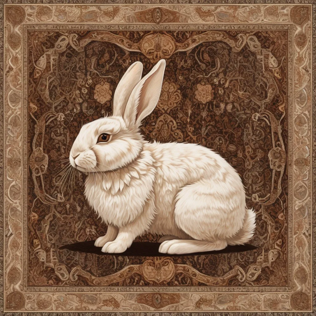 Prompt: A intricate Alinor carpet in tans and browns upon it sits a fluffy furry rabbit, in pattern art style
