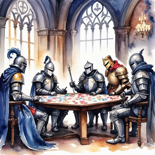 Prompt: Council of Card Knights in watercolor painting inkpunk art style