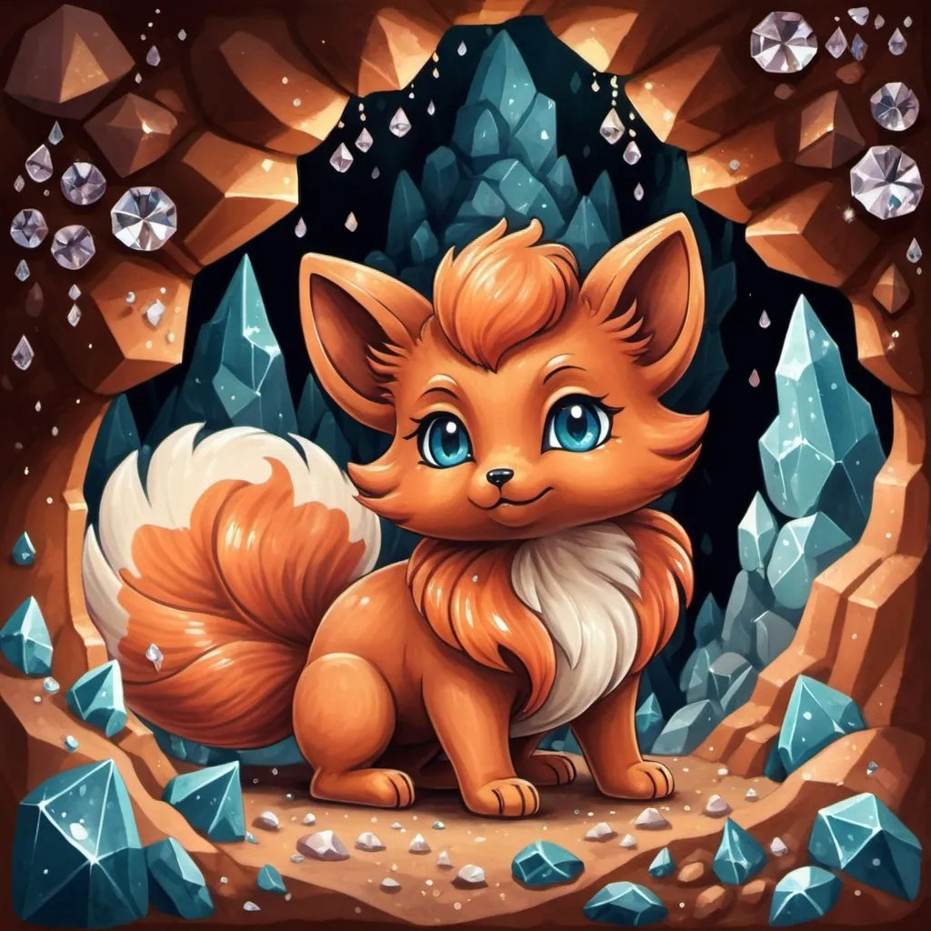 Prompt: Bronze colored Vulpix and covered in bronze crystals background crystal cave, in gouache painting art style
