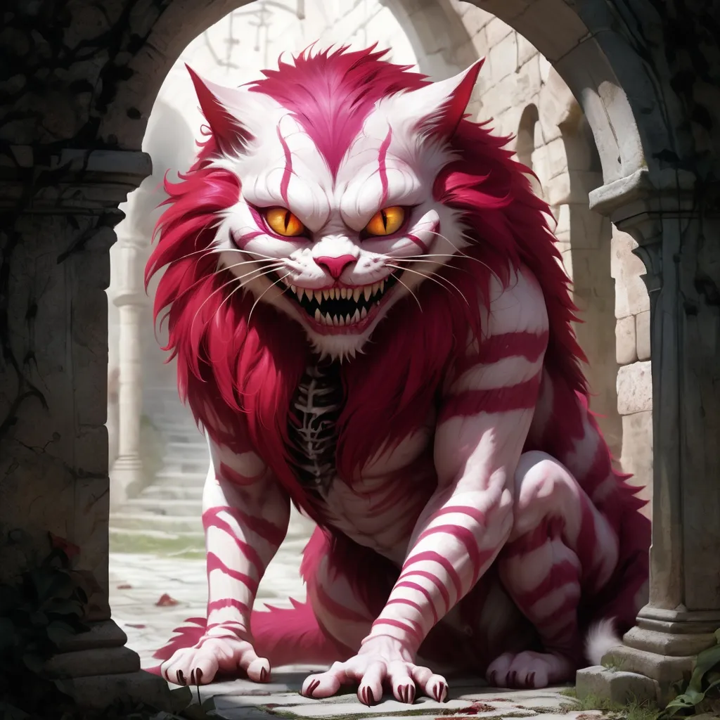 Prompt: Abomination Cheshire Cat with crimson fur and bone-white flesh nightmarish and necromancer lurking in a crypt