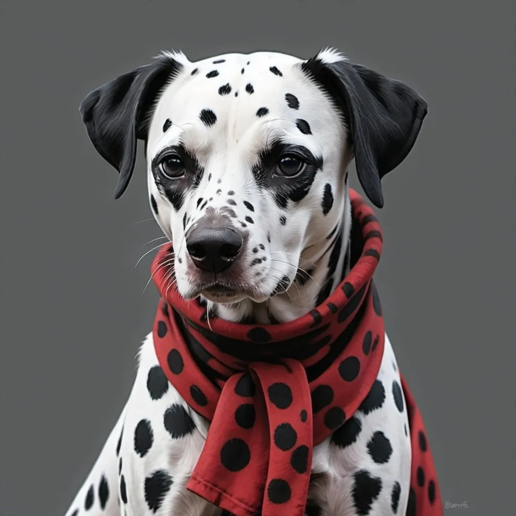 Prompt: Bandit with black dark gray gray and dull-red color palette in dalmatian art style