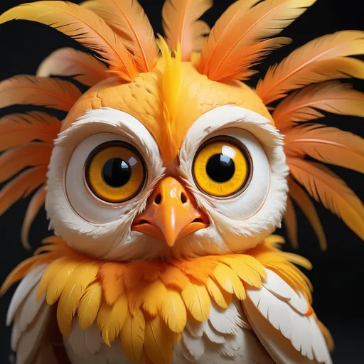 Prompt: Tofu Pet which is chick-like with bright yellow feathers orange talons and oversized  eyes, in macro realism style, best quality, masterpiece