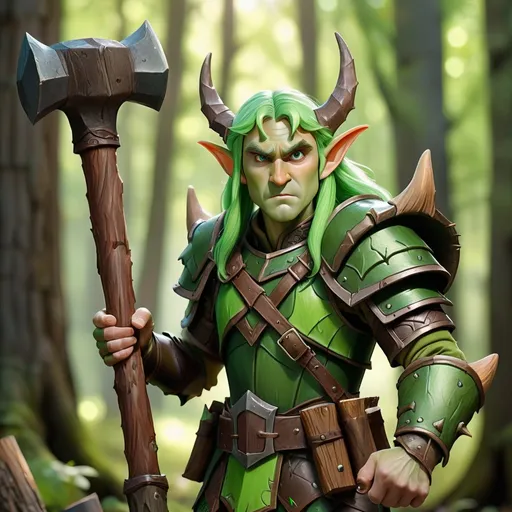 Prompt: Elf with green skin and hair in green-brown bark armor with a triple horned helm wielding a giant wood hammer, Masterpiece, Best Quality, background woods