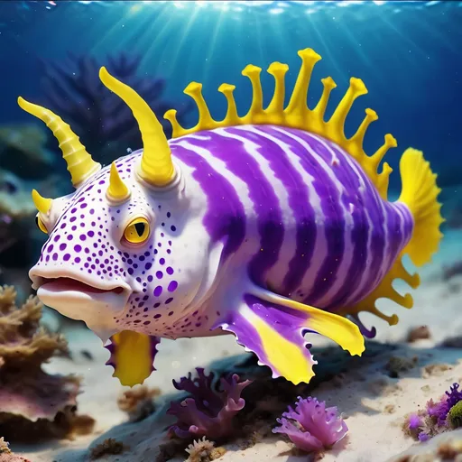Prompt: white colored Minotaur with purple spots and a nudibranch-like bright purple shell with white and yellow zigzags and yellow fins and nudibranch-like antennae, best quality, masterpiece