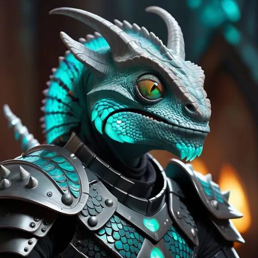 Prompt: Chameleon with luminescent glowing teal scales and sharp horns and wearing evil black and grey armor, coming to get you, best quality, masterpiece